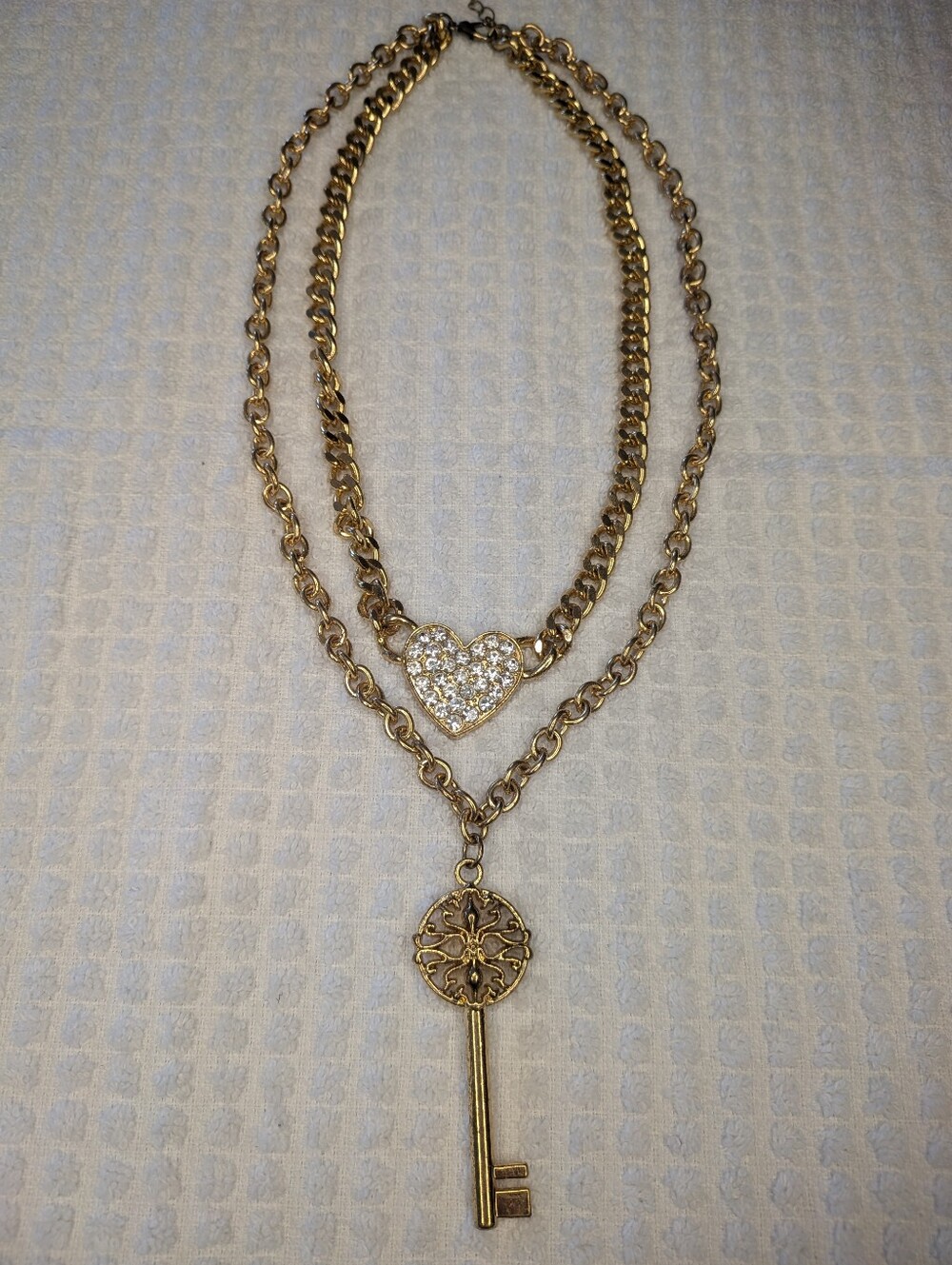Gold Rhinestone Heart and skeleton Key Layered Necklace